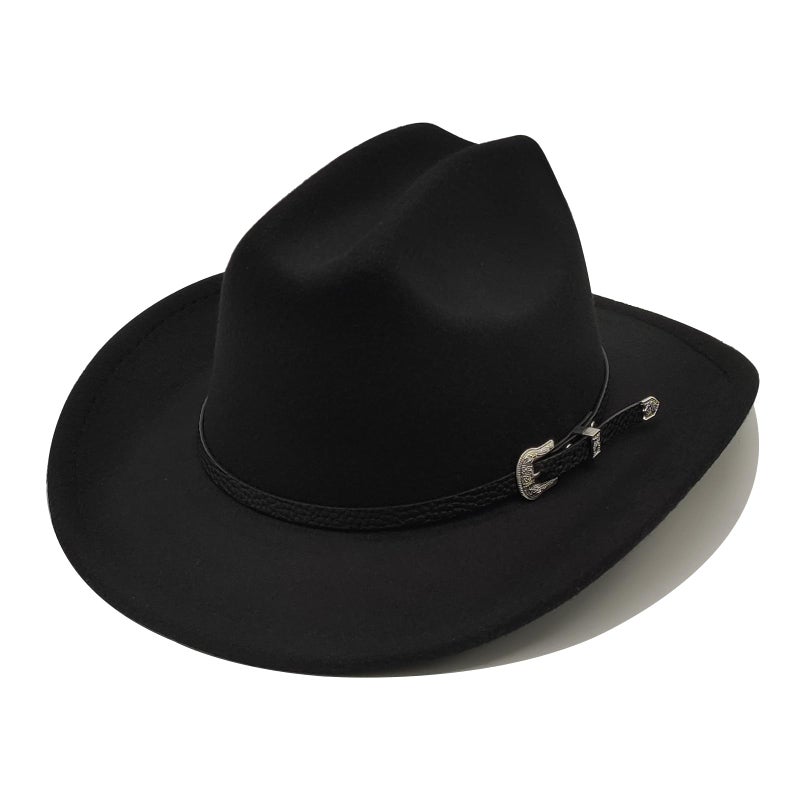 Willheoy Kids Cowboy Hat for Girls Boys Western Cowgirl Hat with Buckle Belt Unisex Wide Brim Fedora Hat Dress Up Costume A-Black - Image 1